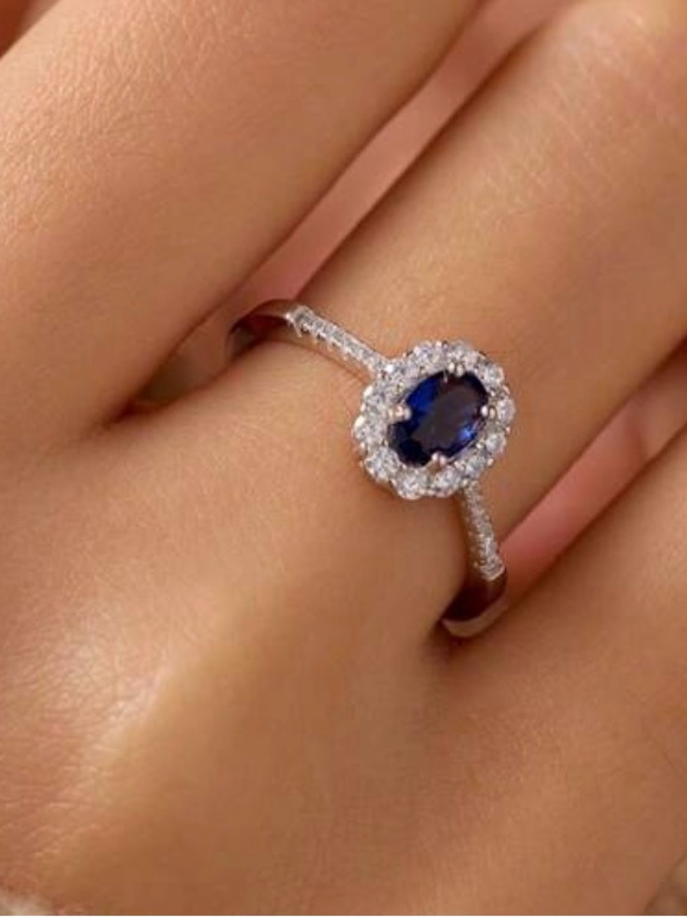Silver Halo Ring with sapphire  Center Stone